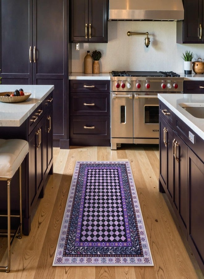 Wonnitar Washable 3x5 Checkered Rug, Non Slip Purple Trellis Bedroom Area Rug, Low Pile Soft Funky Checked Throw Carpet for Living Room Girls Kids Room Nursery, Dorm Home Decor(Purple,3x5) - Image 3