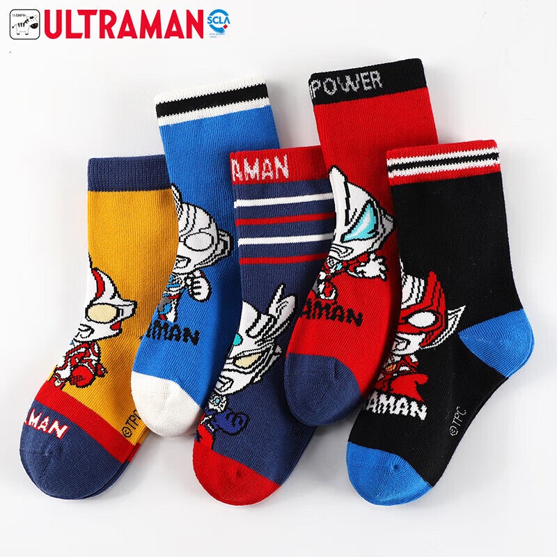 ULTRAMAN Children's Socks, Spring And Autumn Mid-Calf Socks for Boys, Baby New Year Cotton Socks AHM3012, Five Pairs, 16-18cm - Image 1