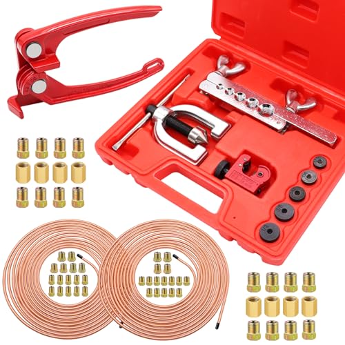Eoppen 25 ft 3/16 + 1/4 Copper Coated Brake Line Kit(Includes 48 Fittings and 8 Unions) with Tube Bender and Double & Single Flaring Tool Kit - Image 1