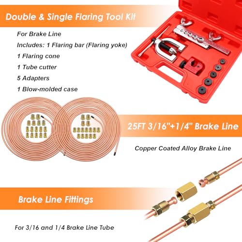 Eoppen 25 ft 3/16 + 1/4 Copper Coated Brake Line Kit(Includes 48 Fittings and 8 Unions) with Tube Bender and Double & Single Flaring Tool Kit - Image 2