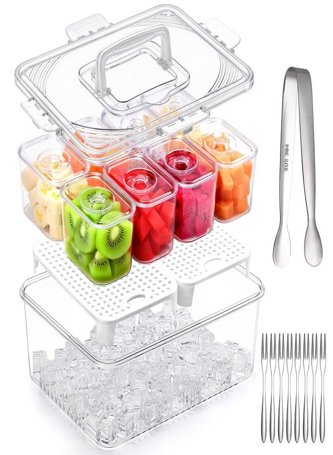 Fivebop Ice Chilled Condiment Caddy with 8x13.5oz Containers, Large Portable Snack Containers with Lid & Handle, Fruit Veggie Salad Chilled Serving Trays for Party Travel Beach Picnic Outdoor - Image 1
