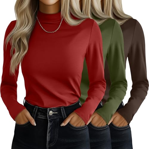 Ficerd 3 Pack Womens Mock Turtleneck Shirts Long Sleeve Mock Neck Pullover Tops Slim Fitted Stretch Undershirt Tee BlouseDark Coffee Christmas Green Christmas RedLarge - Image 1