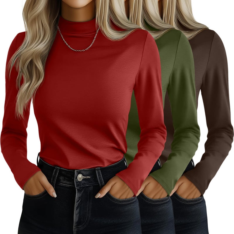 Ficerd 3 Pack Womens Mock Turtleneck Shirts Long Sleeve Mock Neck Pullover Tops Slim Fitted Stretch Undershirt Tee BlouseDark Coffee Christmas Green Christmas RedLarge - Image 2
