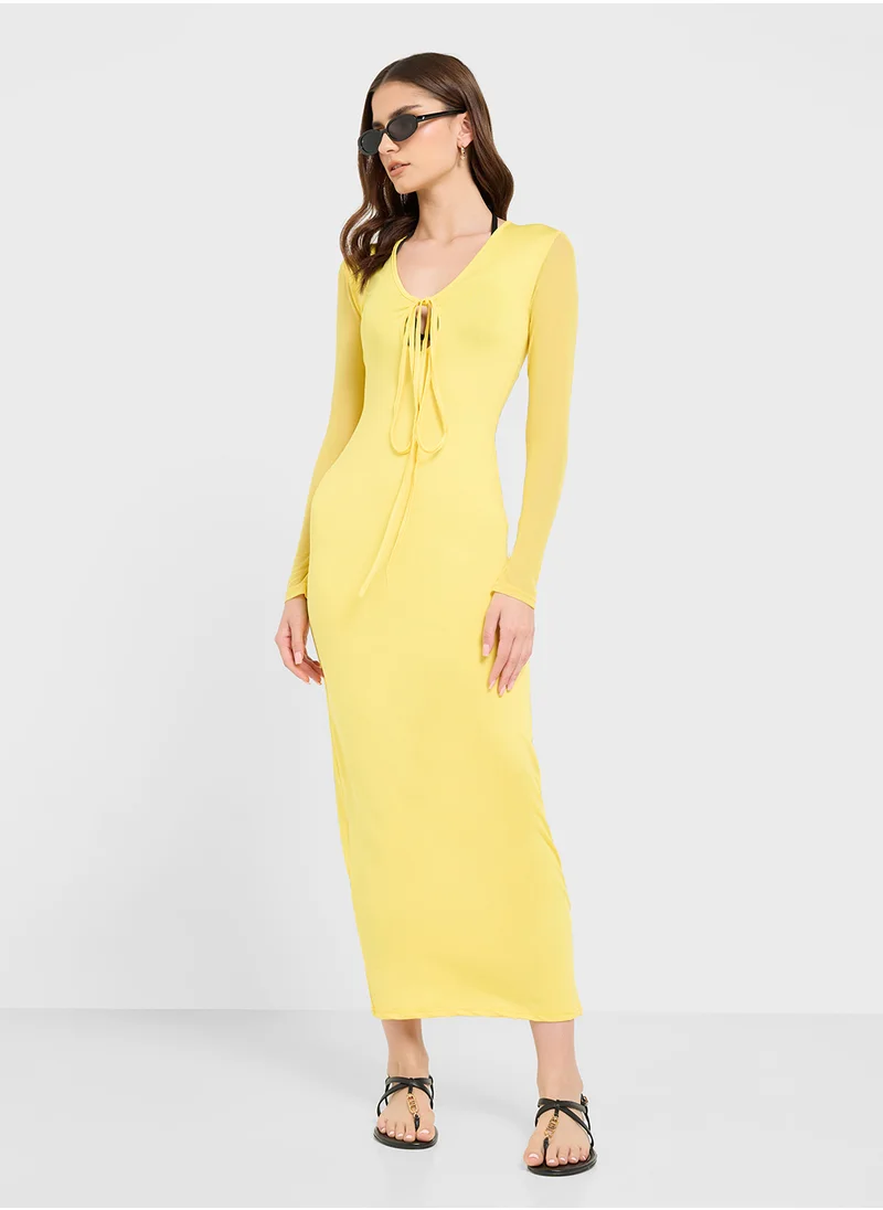 جينجر Mesh Plunge Neck Bodycon Maxi Dress