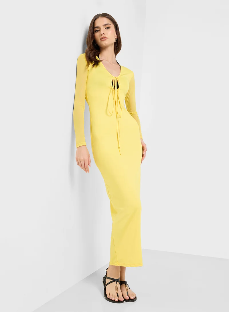 Ginger Mesh Plunge Neck Bodycon Maxi Dress