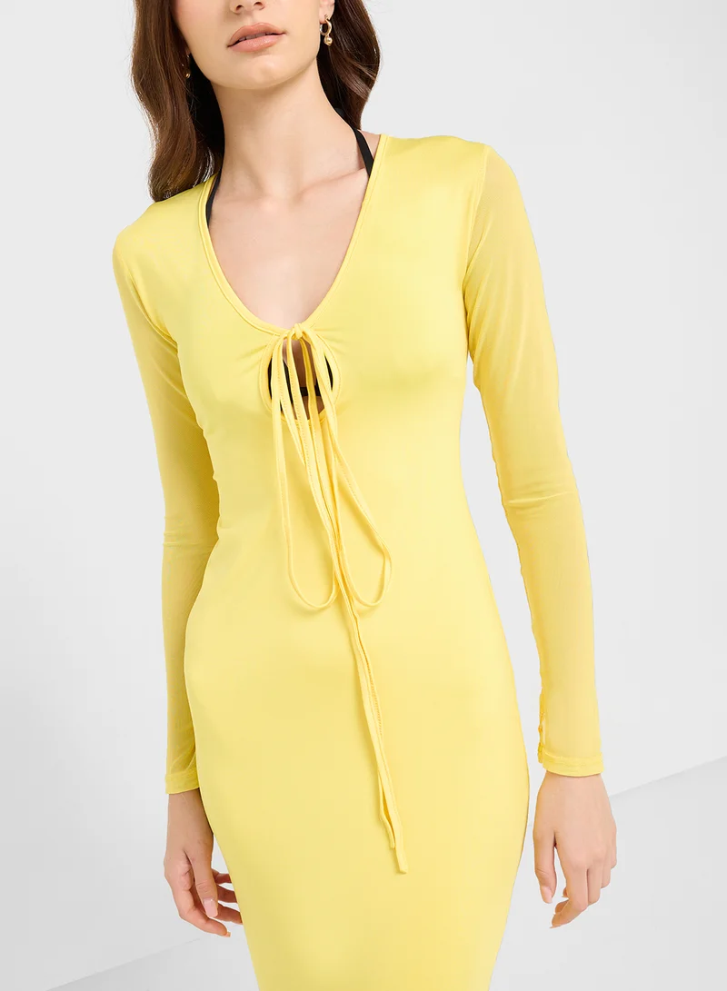 Ginger Mesh Plunge Neck Bodycon Maxi Dress