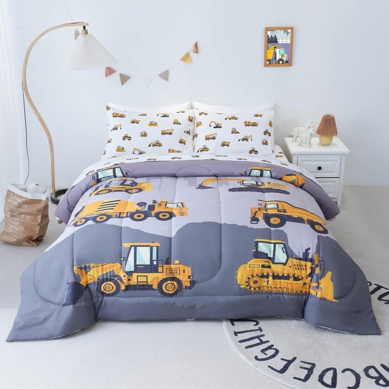Cokouchyi Full Size Comforter Set for Boys 5Piece Bed in a Bag 3D Construction Bedding Comforter Sheet Set Ultra Soft and Fluffy Cartoon Truck Cars