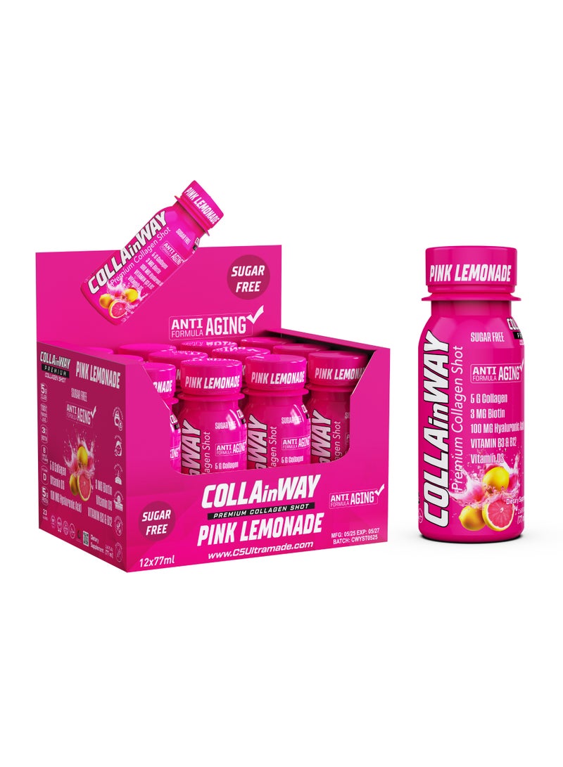 COLLAinWay Premium Collagen Shot Pink Lemonade – Sugar Free, Anti-Aging Drink with 6g Collagen, 8mg Biotin, Hyaluronic Acid, Vitamin D3, B6 & B12 – Beauty & Wellness Supplement – 12x77ml  - Image 1