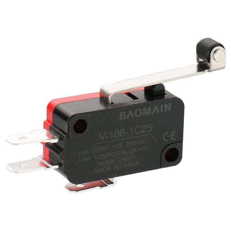 Baomain 5-Pack Micro Switch SPDT Momentary Snap Action 16A 250V AC, 1NO 1NC, 3 Terminals,Long Roller Lever,V-166-1C25 - Image 2