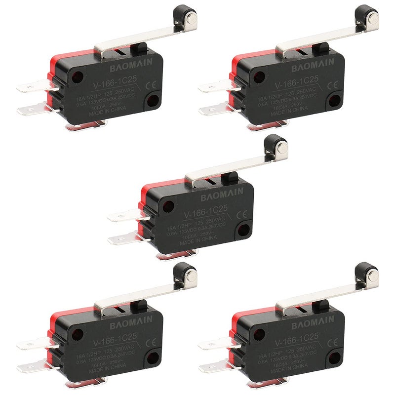 Baomain 5-Pack Micro Switch SPDT Momentary Snap Action 16A 250V AC, 1NO 1NC, 3 Terminals,Long Roller Lever,V-166-1C25 - Image 1