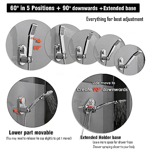 RIVOODS Handheld Shower Head Holder - 5 Positions Adjustable + 90° downwards - Adhesive Wall Mount - Fits Large showerhead - Wider Slot For Universal Fits - Polished Chrome - Image 2