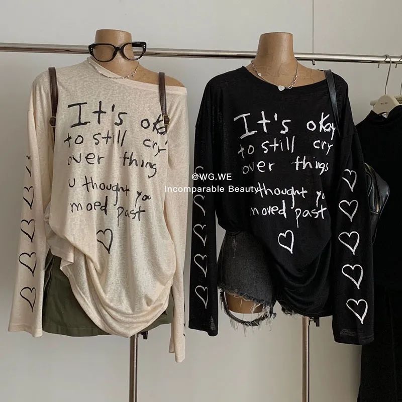 Letter Love Printed Sunscreen T-shirt Women's Summer New Round Neck Long Sleeve Thin Loose Slimming Air Conditioning Blouse - Image 1
