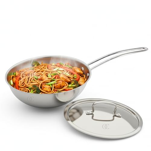 Omichef Triply Stainless Steel Wok with Lid | 20 cm (1.7 L, 1.30 kg) | ISI Certified Cookware | 3-Layered Stainless Steel Construction | Even Heat Distribution - Image 1