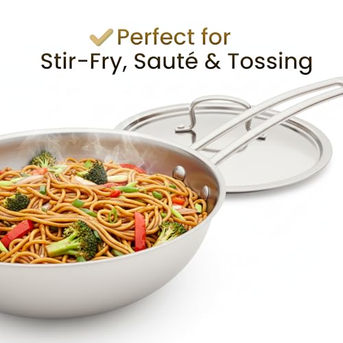 Omichef Triply Stainless Steel Wok with Lid | 20 cm (1.7 L, 1.30 kg) | ISI Certified Cookware | 3-Layered Stainless Steel Construction | Even Heat Distribution - Image 3