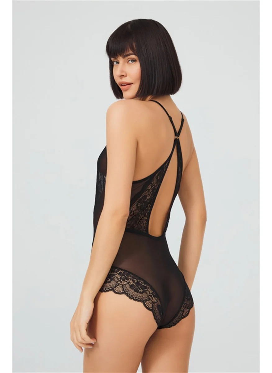 COTTONHILL Black Stud Lace Transparent Back Cross String Bodysuit