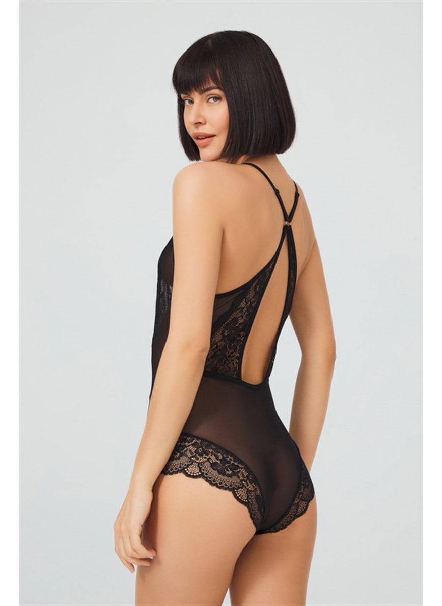 COTTONHILL - Black Stud Lace Transparent Back Cross String Bodysuit - Image 1