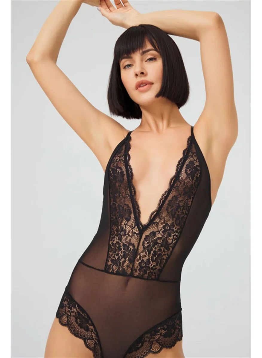 COTTONHILL Black Stud Lace Transparent Back Cross String Bodysuit