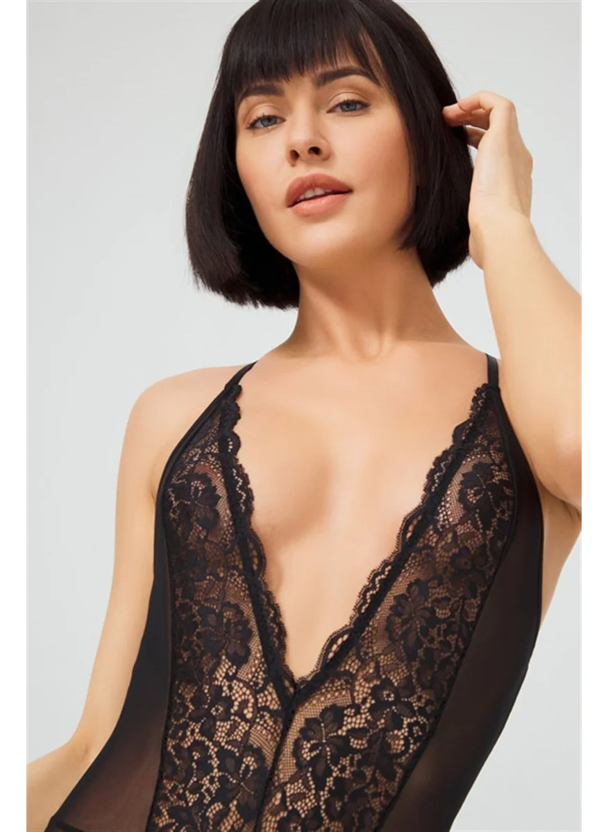 COTTONHILL Black Stud Lace Transparent Back Cross String Bodysuit