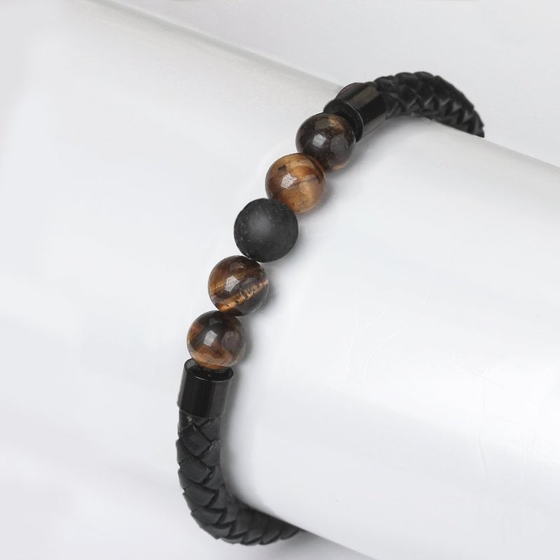 Ckysee 7 Chakra Lava Project Rock Lokai Bracelet Balancing Genuine Leather Bracelets with Magnetic Clasp Tiger Eye Agate Howlite for Men Pulsera Cuero Hombre (4 Tiger Eye + 1 Lava Stone) - Image 5