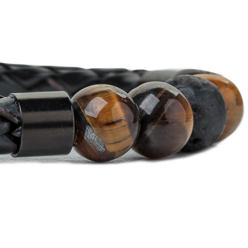Ckysee 7 Chakra Lava Project Rock Lokai Bracelet Balancing Genuine Leather Bracelets with Magnetic Clasp Tiger Eye Agate Howlite for Men Pulsera Cuero Hombre (4 Tiger Eye + 1 Lava Stone) - Image 4