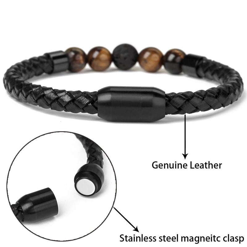 Ckysee 7 Chakra Lava Project Rock Lokai Bracelet Balancing Genuine Leather Bracelets with Magnetic Clasp Tiger Eye Agate Howlite for Men Pulsera Cuero Hombre (4 Tiger Eye + 1 Lava Stone) - Image 3