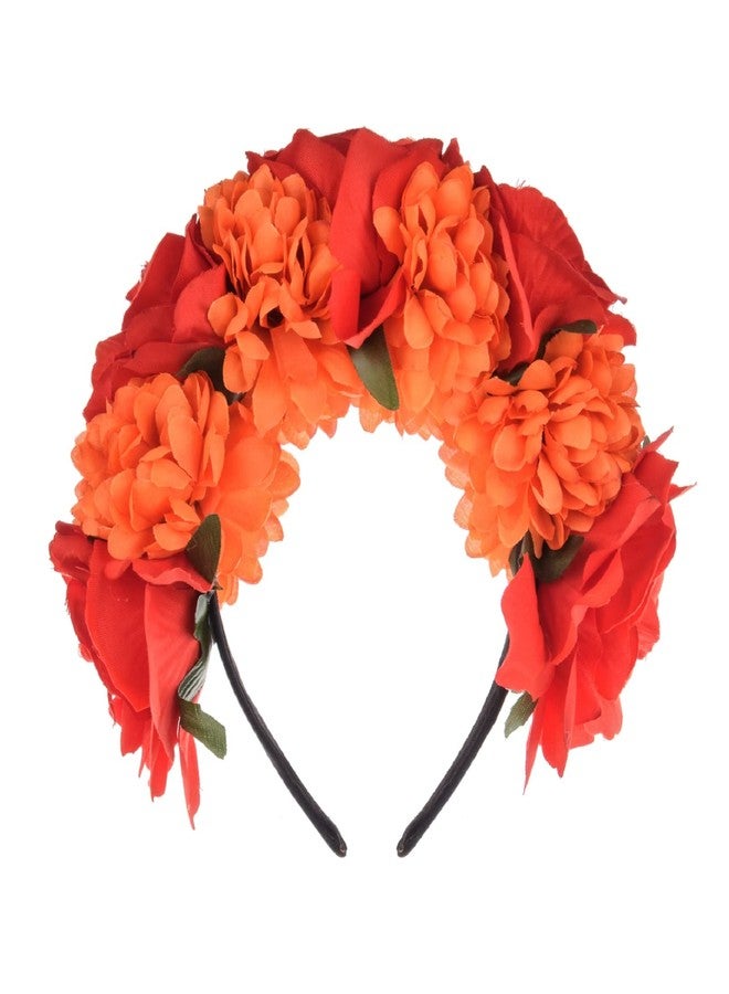 Vividsun Boho Flower Crown Day of The Dead Floral Headband Festival Cosplay Hair Accessories (style 2 red orange) - Image 1