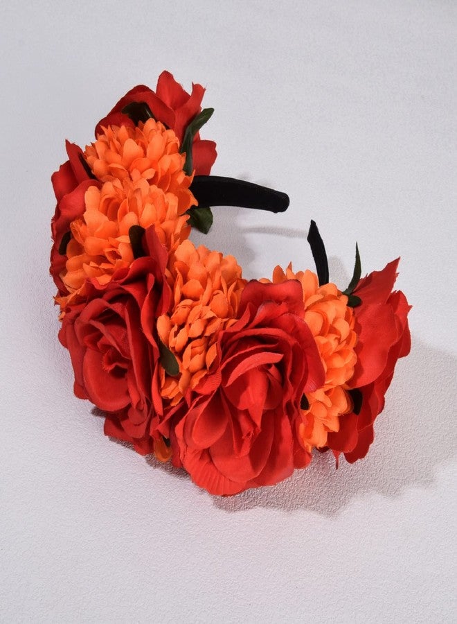 Vividsun Boho Flower Crown Day of The Dead Floral Headband Festival Cosplay Hair Accessories (style 2 red orange) - Image 2