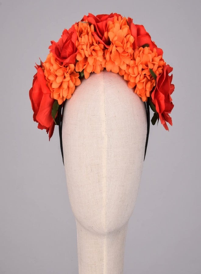 Vividsun Boho Flower Crown Day of The Dead Floral Headband Festival Cosplay Hair Accessories (style 2 red orange) - Image 3