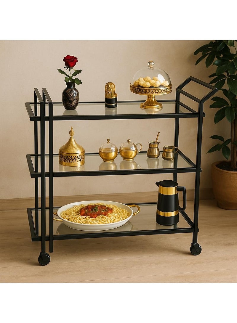 لينجوي عربة تقديم معدنية سوداء أنيقة مع أرفف من الزجاج المقسّى، ومساحة تخزين بثلاث طبقات، وعجلات دوارة قابلة للقفل، ومقبض متين للمطبخ والمنزل - Image 2