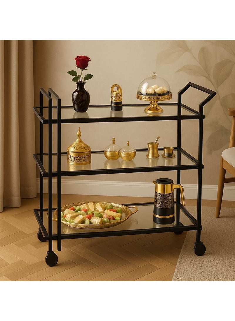 لينجوي عربة تقديم معدنية سوداء أنيقة مع أرفف من الزجاج المقسّى، ومساحة تخزين بثلاث طبقات، وعجلات دوارة قابلة للقفل، ومقبض متين للمطبخ والمنزل - Image 3