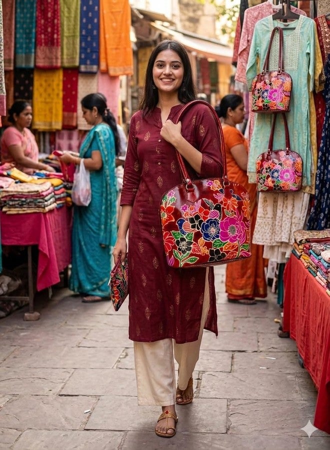 CLASSIQUE Shantiniketan Multicolour Design Big Shoulder D Bag for Women (Maroon) - Image 2