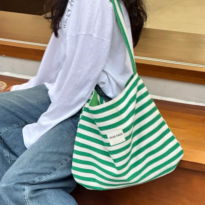Casual Striped Canvas Bag Women'S Large Capacity Commuter Tote Bag Double-Sided Back Shoulder Crossbody Bag - Image 2