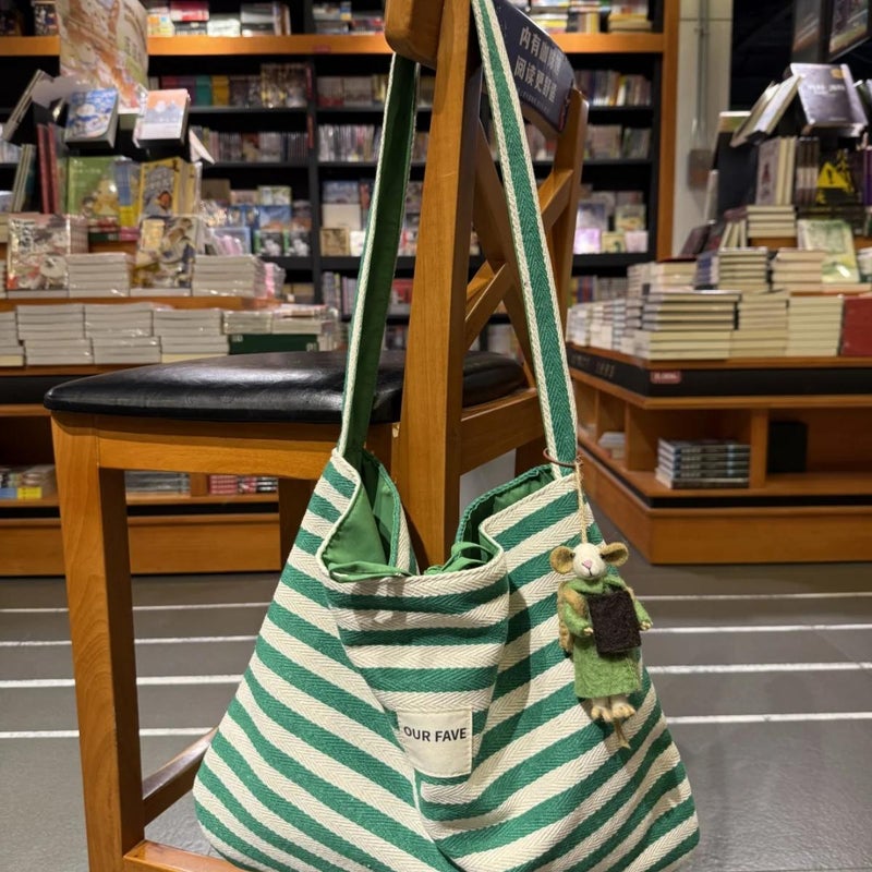 Casual Striped Canvas Bag Women'S Large Capacity Commuter Tote Bag Double-Sided Back Shoulder Crossbody Bag - Image 4