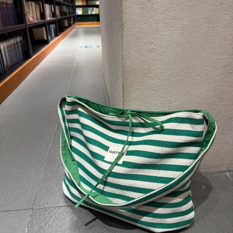 Casual Striped Canvas Bag Women'S Large Capacity Commuter Tote Bag Double-Sided Back Shoulder Crossbody Bag - Image 5