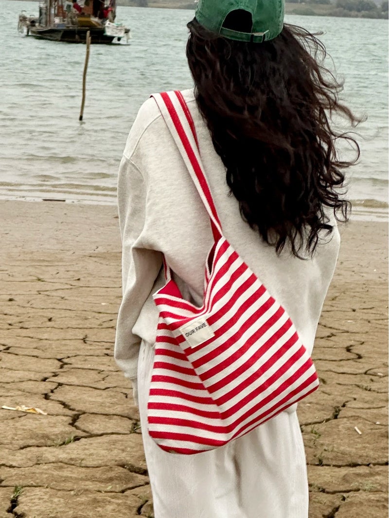 Casual Striped Canvas Bag Women'S Large Capacity Commuter Tote Bag Double-Sided Back Shoulder Crossbody Bag - Image 1