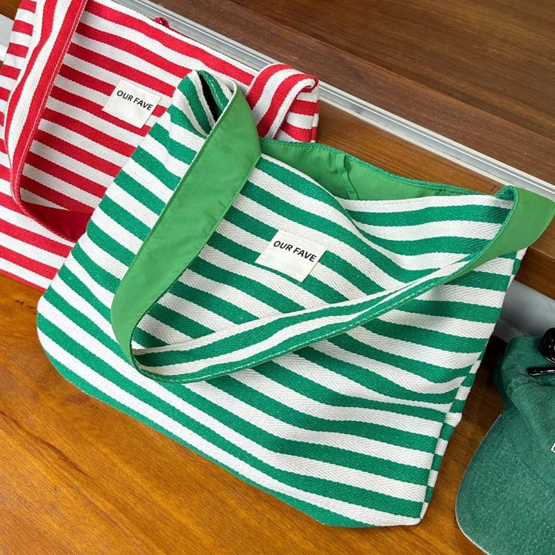 Casual Striped Canvas Bag Women'S Large Capacity Commuter Tote Bag Double-Sided Back Shoulder Crossbody Bag - Image 3