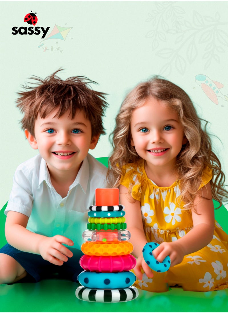 Sassy Stacks of Circles Baby Ring Stacker  – Fun, colorful toy for teething, sensory play & STEM learning. Boosts motor skills & hand-eye coordination. Perfect gift for babies 6+ months.  - Image 2