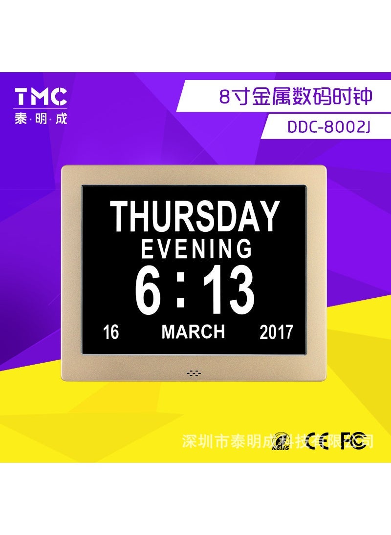 Arabest New 8 inch metal digital clock calendar photo frame fashion electronic desk calendar Video Player electronic photo album Gold 