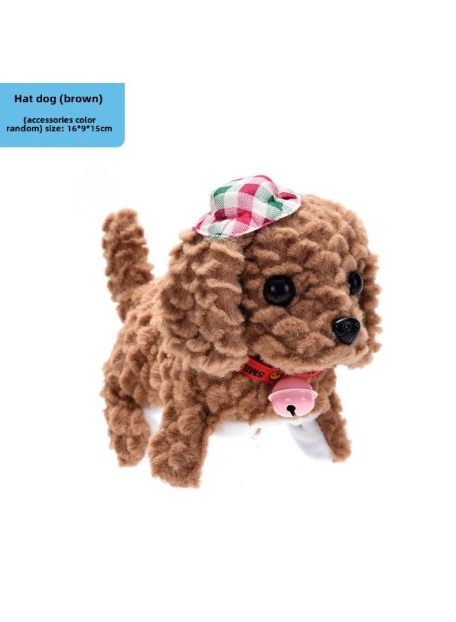 Simulation Of Lamb Fleece Electric Dog Wearing A Hat Bell When The Doll Dog Can Walk Can Call The Shaking Head Tail Dog Children's Gift-Color:Plaid Dog Brown  - Image 1