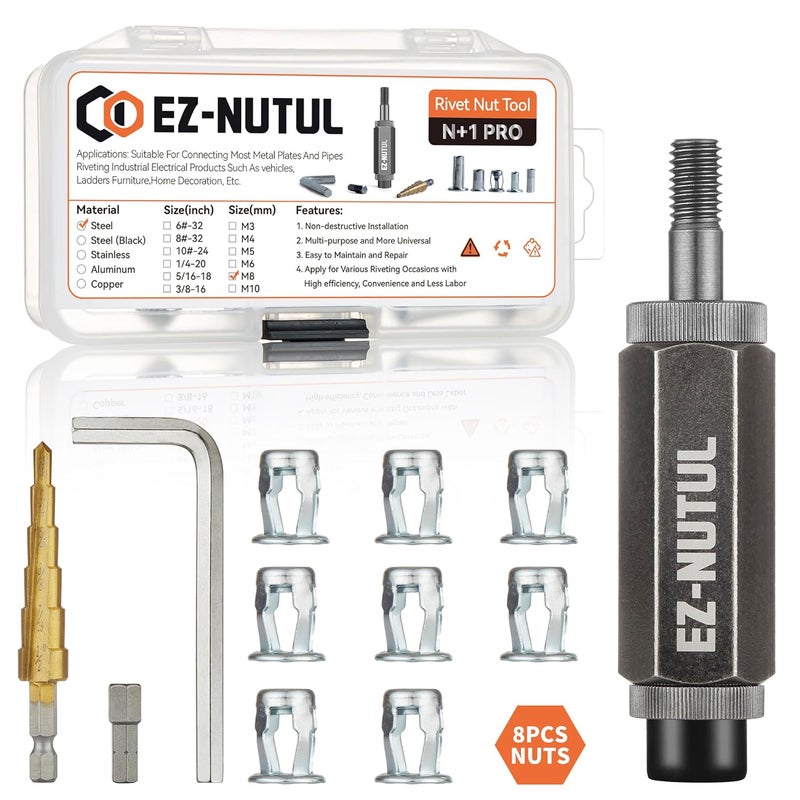 EZ-NUTUL Jack nut Installation Tool Set Hand Thread Insert Jacknuts Assortment Kit for Thin Metal Plastic Polywood Pressboard Hardboard (M8 (Jack Nut Tool-8pcs)) - Image 1