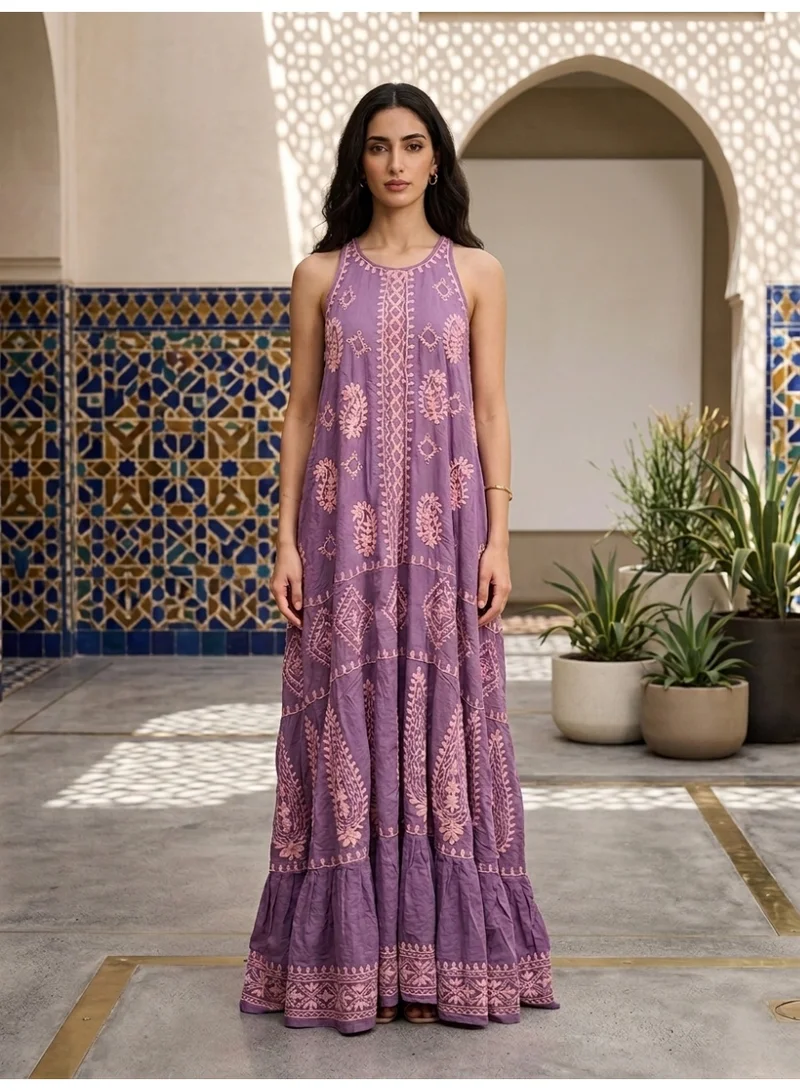 Alaya Onionpink Embroidered Chikankari Modal Kaftan Hot Pink-AL3605 for Women | Best Price UAE