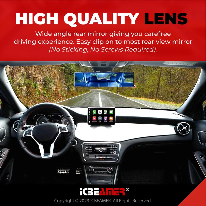 ICBEAMER 11.8" ICBEAMER Clip On Rear View Mirror | Convex Blue Tint Glass, Panoramic Wide Angle HD Glass, Anti Glare, Universal Fit for Car, SUV, Truck | Eliminates Blind Spots (1 Pack) - Image 3