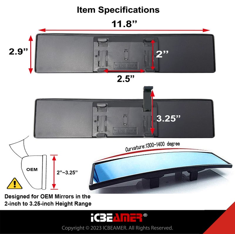 ICBEAMER 11.8" ICBEAMER Clip On Rear View Mirror | Convex Blue Tint Glass, Panoramic Wide Angle HD Glass, Anti Glare, Universal Fit for Car, SUV, Truck | Eliminates Blind Spots (1 Pack) - Image 5