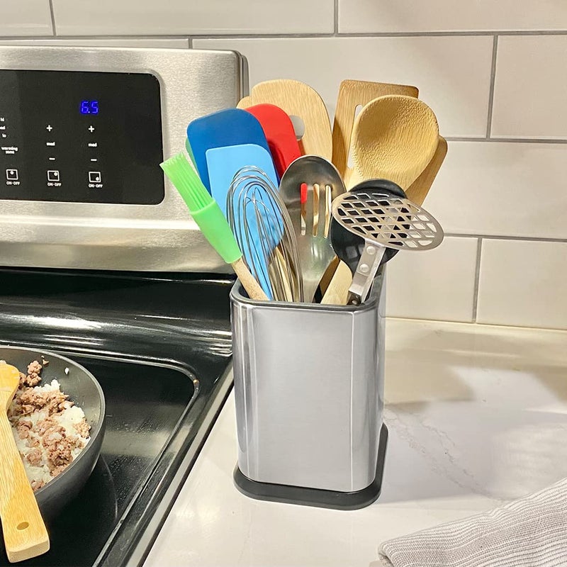 Evelots Stainless Steel Kitchen Utensil Holder for Countertop , 6.75 Inch Tall Cooking Utensil Crock Can Store up to 15 Big Utensils , Large Spoon & Spatula Organizer Caddy, Silver - Image 3