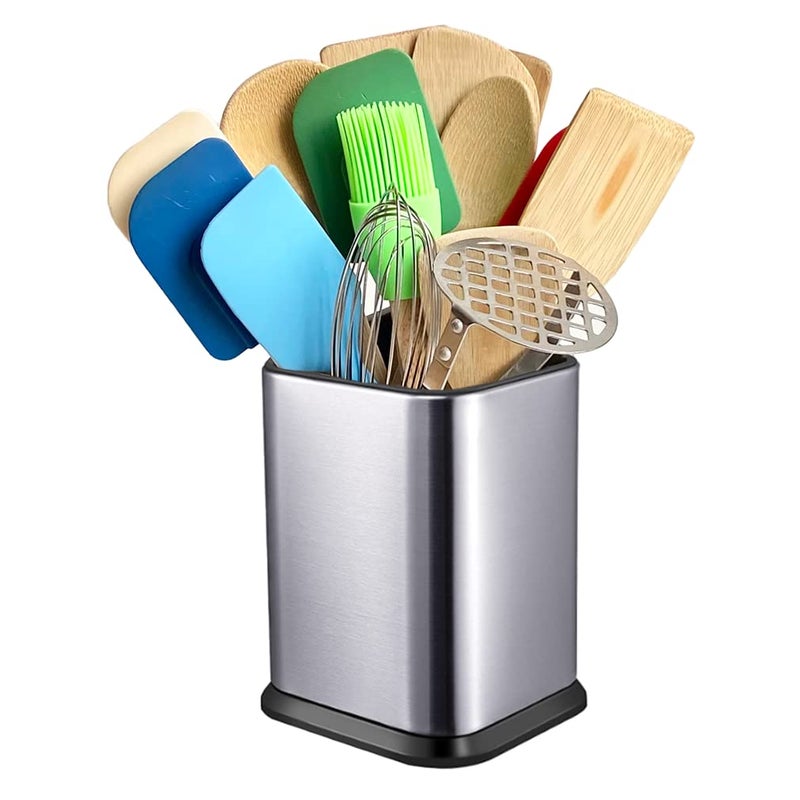 Evelots Stainless Steel Kitchen Utensil Holder for Countertop , 6.75 Inch Tall Cooking Utensil Crock Can Store up to 15 Big Utensils , Large Spoon & Spatula Organizer Caddy, Silver - Image 1