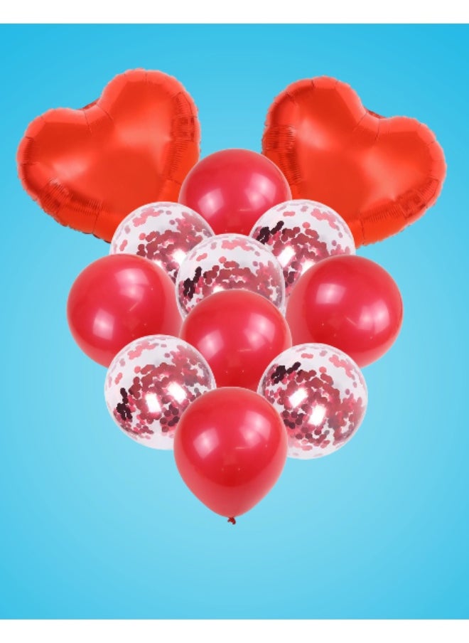 Red Party Balloon Set with Heart Foil Balloons, Red Latex & Confetti Balloons – Birthday, Wedding, Festival Decoration (Pack of 12pcs) 