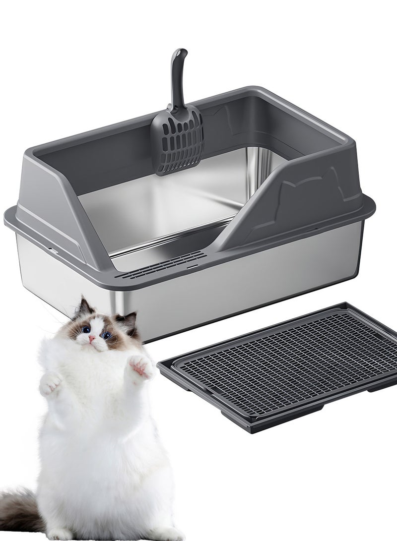 Kidle Stainless Steel Cat Litter Box Cat Litter Tray for Multiple Cats Anti Splashing and Easy Clean 60*40*28cm  - Image 1