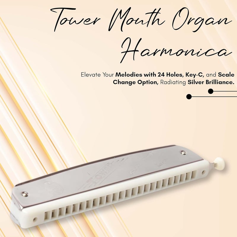 Tower هارمونيكا فم 24 ثقب مفتاح-ج مع خيار تغيير السلم، فضي - Image 2