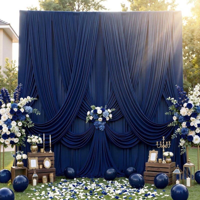 NSSONBEN 30ft×12ft Wrinkle Free Navy Blue Backdrop Curtain for Wedding Parties, 6 Panels 5×12ft Long Silky Polyester Fabric Backdrop Drapes Photo Back Drop Curtains for Birthday Photography Background Cloth - Image 1