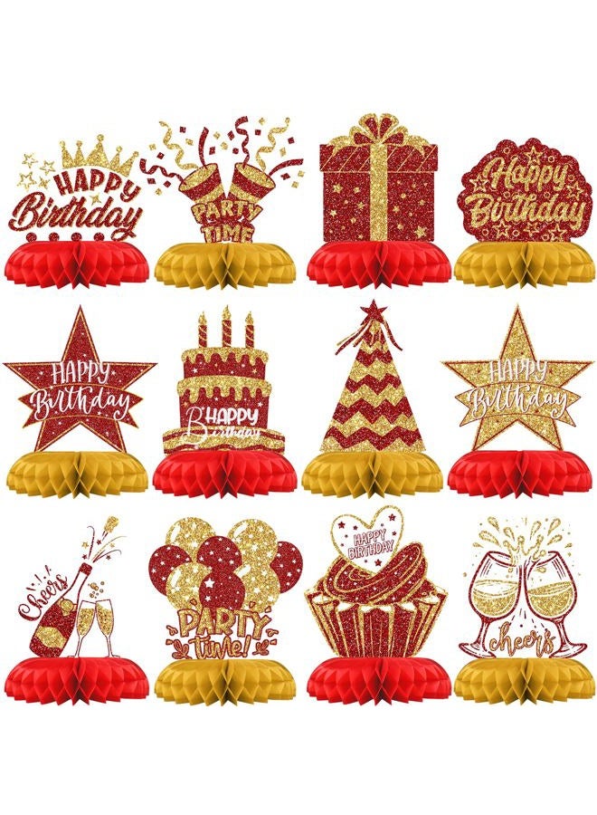 Celee Red and Gold Birthday Decorations – 12PCS Honeycomb Table Centerpieces for Men Women Adults – Happy Birthday Table Decor Party Supplies - Image 1